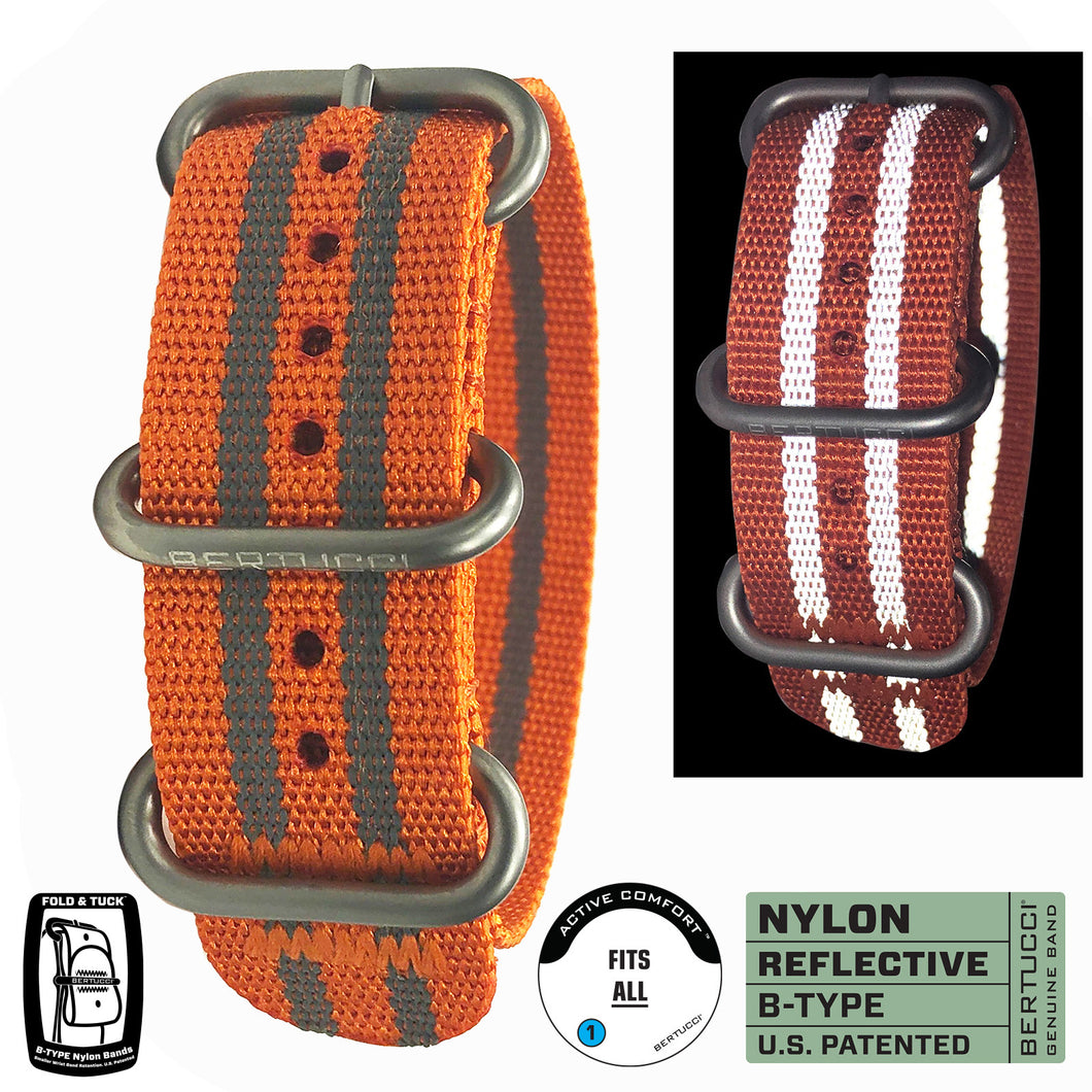 Bertucci Mens Safety Orange Reflective Stripes Nylon Strap Matte Stainless Steel Buckle Watch Band - B-256