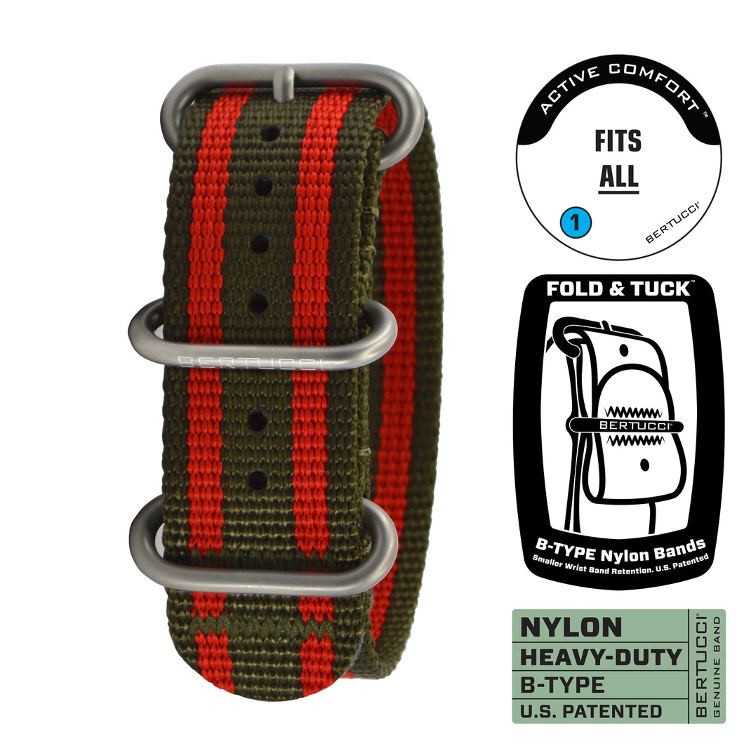 #343 - Olive w/ Rosso Corsa regimental stripes, matte hardware, 7/8